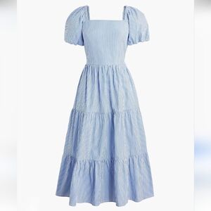 J. Crew Blue White Stripe Tiered Cotton Dress Puff Sleeves Square Neck Pockets